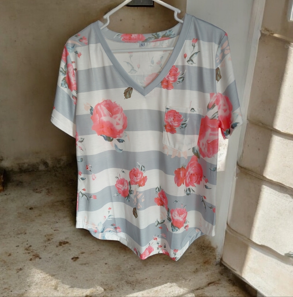 Amazon Gray and Pink Floral Striped V-Neck Top